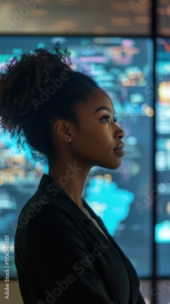 Obraz Mujer con cabello rizado en fondo tecnológico