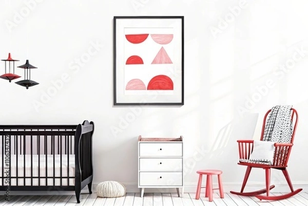 Fototapeta Nursery with wooden crib, green dresser, and natural light creating a warm, cozy atmosphere