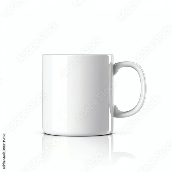 Fototapeta A plain white ceramic mug on a reflective surface, perfect for showcasing designs or branding. This versatile mug is ideal for coffee, tea, or any beverage of choice.