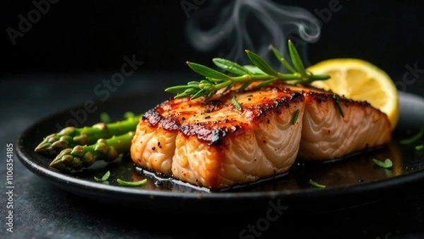Fototapeta A steaming piece of perfectly grilled salmon with asparagus and lemon on a dark plate. Concept of healthy gourmet dining.