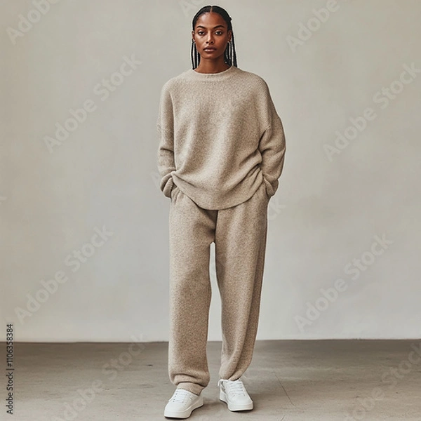 Fototapeta A model wearing an oversized, cashmere sweater in light beige and matching sweatpants with loose-fitting trousers that have a relaxed fit
