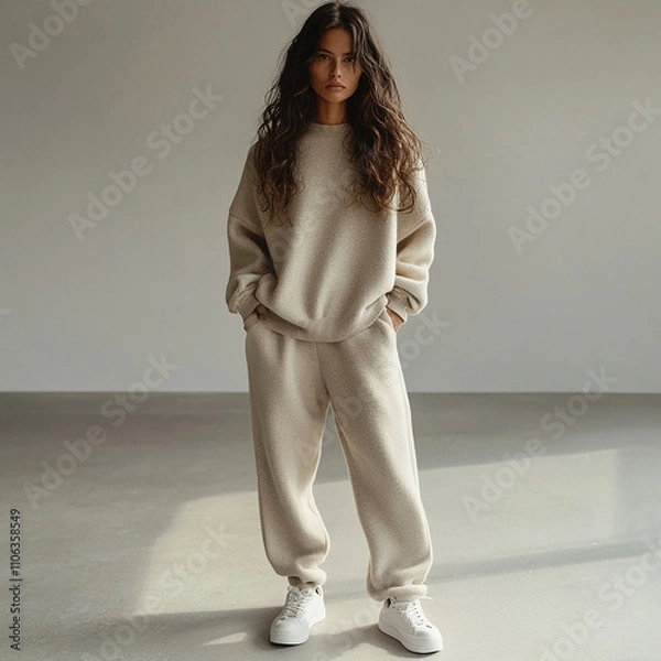 Fototapeta A model wearing an oversized, cashmere sweater in light beige and matching sweatpants with loose-fitting trousers that have a relaxed fit