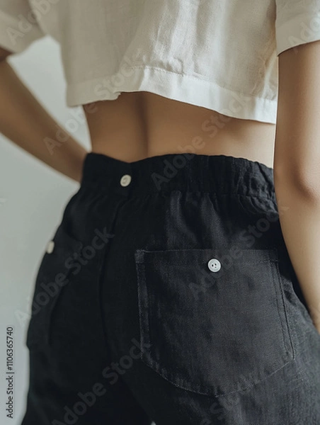 Fototapeta Casual fashion showcasing a cropped top and black high-waisted pants in a minimalist indoor setting