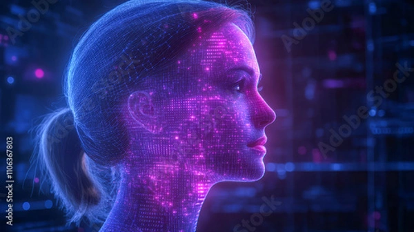 Fototapeta Female profile with digital light patterns in futuristic setting