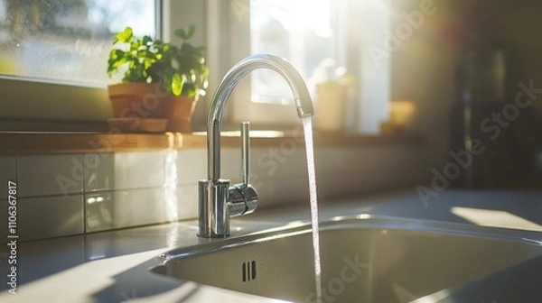 Fototapeta A kitchen sink with a faucet running from it