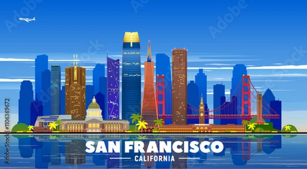 Fototapeta San Francisco City (USA) line skyline with panorama in white background. Vector Illustration. Business travel and tourism concept with modern buildings. Image for banner or website.
