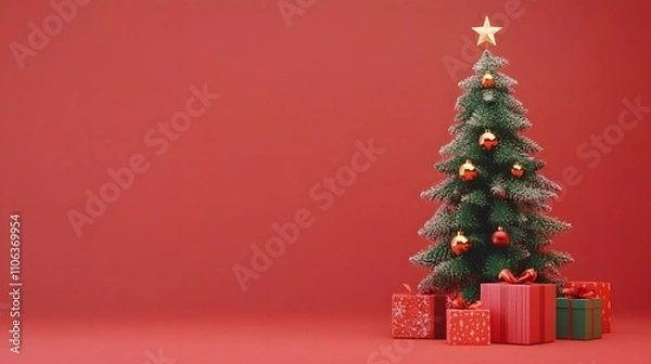 Fototapeta A Christmas tree with presents on a red background