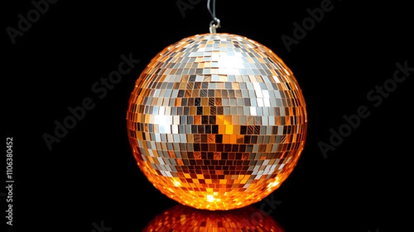 Fototapeta A sparkling disco ball resembling an orange, complete with a textured metallic peel design, on a black glossy background. Generative AI