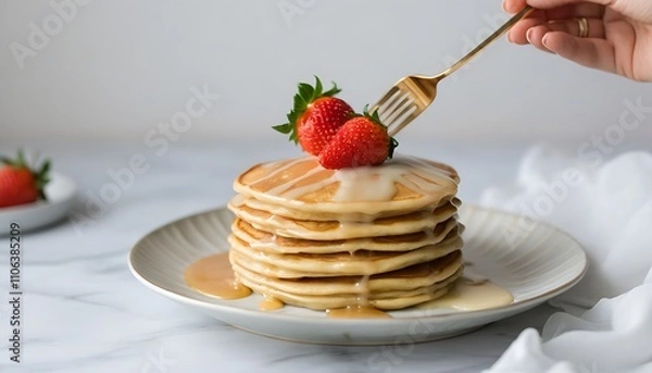 Fototapeta Indulge in a delightful breakfast spread, featuring fluffy pancakes topped with fresh strawberries.
