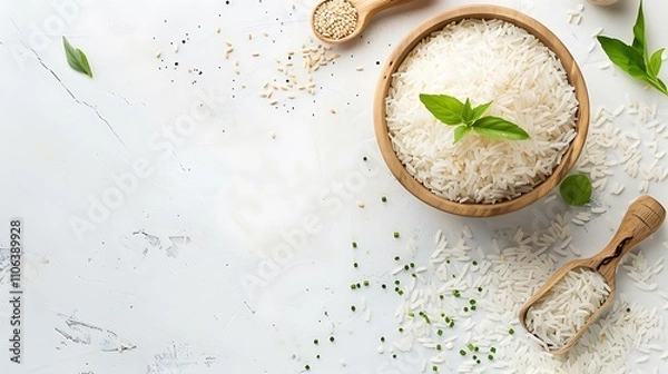 Fototapeta "A simple, clean image of white rice placed on a pure white background, emphasizing the natural texture and purity of the rice, ideal for food photography and culinary uses."

