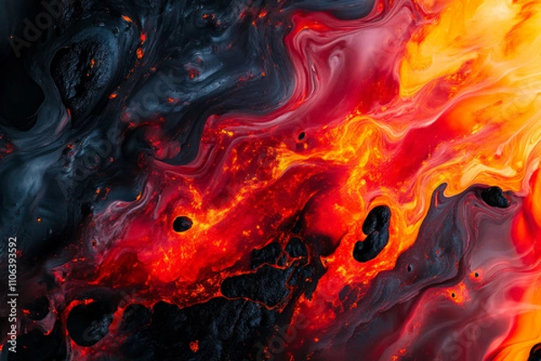 Obraz Abstract glowing plasma texture, vibrant red and orange waves blending dynamically with black voids, energetic and intense