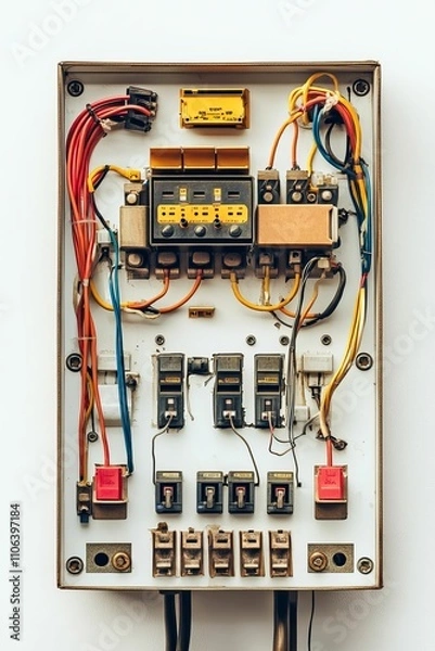 Fototapeta Electrical panel, wires, switches, breakers, aged components.