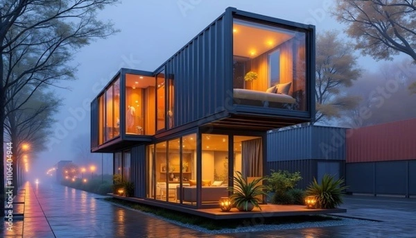 Fototapeta Modern Shipping Container House at Dusk