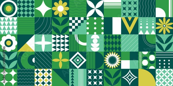 Fototapeta Modern abstract geometric background. Seamless mosaic organic pattern. Fresh green conceptual collage. Eco-friendly minimalistic vector