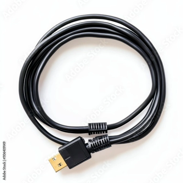 Fototapeta Black cable coiled, connector visible.