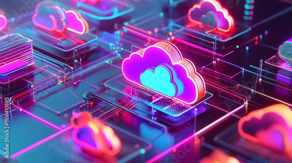 Obraz Abstract image depicting a network of glowing cloud icons representing data storage, processing, and global connectivity within a complex digital infrastructure