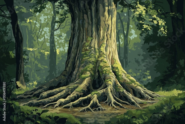 Fototapeta Wurzelwerk eines majestätischen Baumes im grünen Wald

