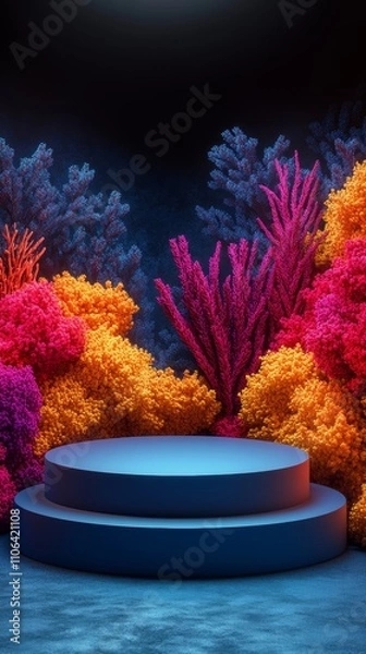 Fototapeta A vibrant coral reef backdrop with a two-tiered blue podium in the foreground.