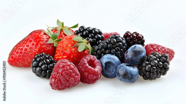 Fototapeta Fresh strawberries, raspberries and blueberries in a simple and natural presentation on a white background