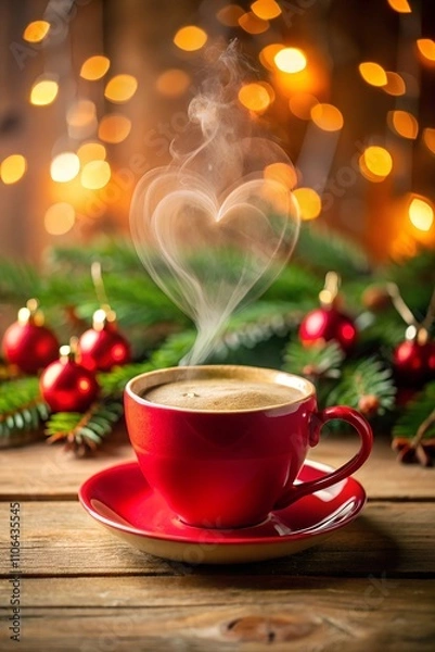 Fototapeta Close-Up Coffee Cup with Heart-Shaped Steam and Warm Lighting