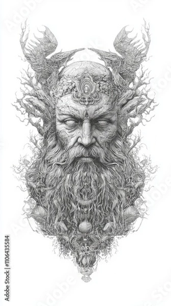 Fototapeta Portrait of a Wise Sage on Aged Paper - Detailed Hand-drawn Illustration Symbolizing Knowledge and Sovereignty in Black and White
