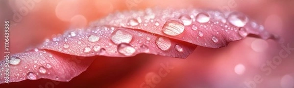 Fototapeta Dew drops on a pink leaf with a pink background