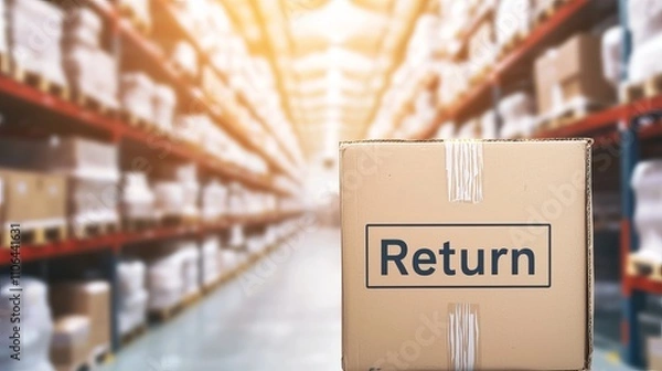 Fototapeta A cardboard box labeled 'Return' stands in a warehouse setting filled with shelves of packaged goods.