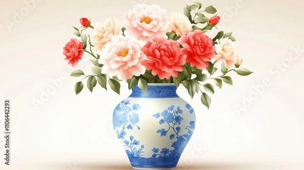 Fototapeta Large Porcelain Vase With Vibrant Flowers and Classic Blue and White Patterns