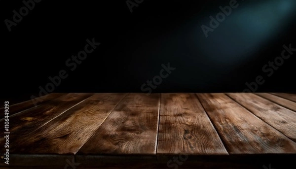 Obraz A rustic wooden table in sharp focus, with a blurred dark black background