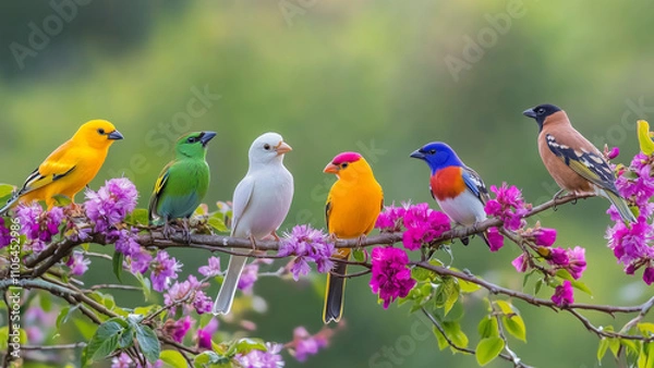 Obraz Vibrant Perch: Beautiful Birds with Blooming Purple Flowers in Soft Light