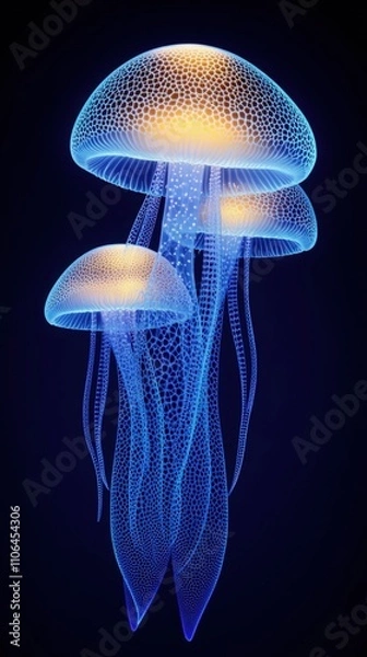 Fototapeta Glowing Blue Jellyfish with Intricate Patterns Against Dark Background