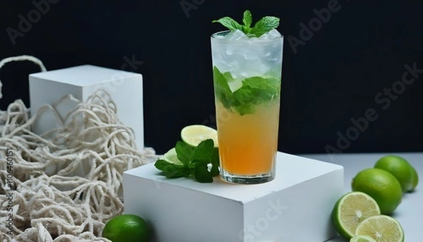 Fototapeta A chilled, clear glass with fresh juice, paired with fresh fruit slices and plant-based ingredients.