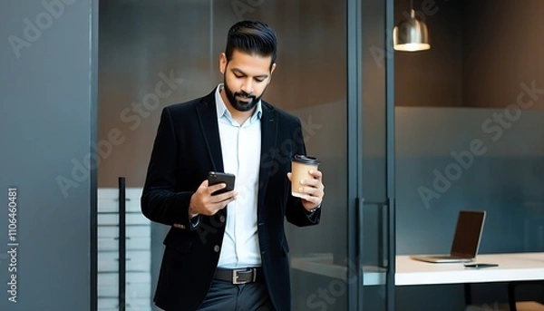 Fototapeta Professional using smartphone in modern office environment