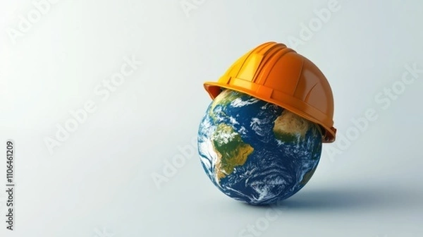 Fototapeta Vibrant 3D Earth globe wearing a construction helmet, symbolizing building a better future, on white