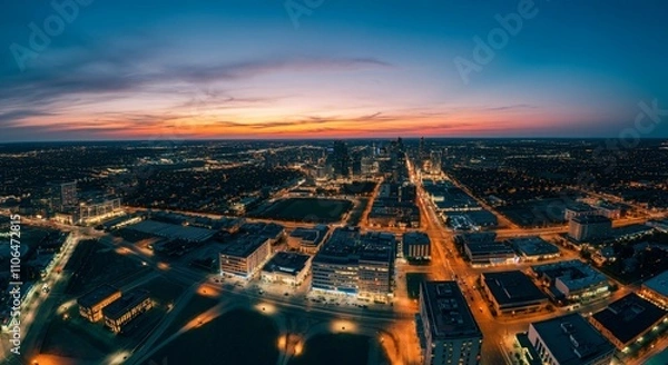 Fototapeta Aerial view of a cityscape with lights glowing at twilight