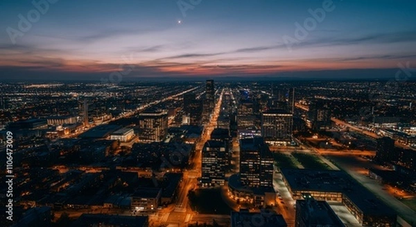 Fototapeta Aerial view of a cityscape with lights glowing at twilight