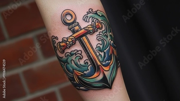 Fototapeta Colorful Anchor Tattoo Design with Waves and Nautical Elements