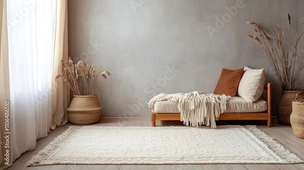 Fototapeta Cozy Minimalist Living Room with Natural Elements and Soft Textures
