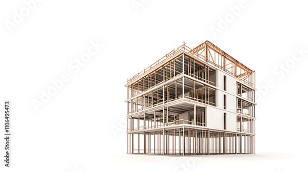 Fototapeta Construction of a building against a white backdrop, 3d illustration