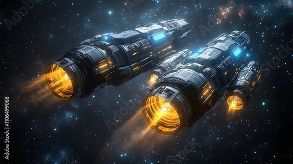 Fototapeta Two spaceships are flying in the sky with yellow flames coming out of them