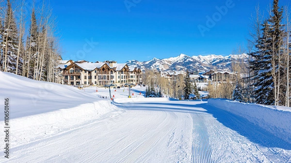 Fototapeta winter landscape featuring ski resort under clear blue sky, surrounded by snow covered mountains and trees. scene evokes sense of tranquility and adventure