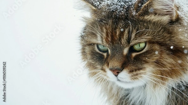 Fototapeta Serious Fluffy Cat in Snow with Sorrowful Expression