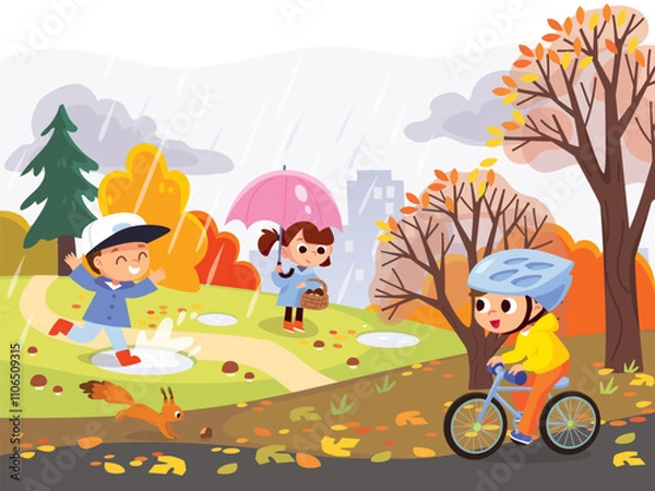 Obraz Fall in the park with kids walking. Autumn landscape. Children outdoors in cold weather Child riding a bike. Child gathering mushrooms in the forest. Nature with people.
