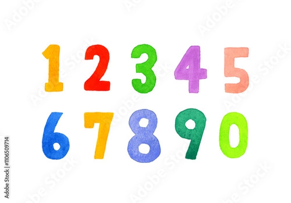 Fototapeta かわいい数字のセット（カラフル・シンプル）　手描き水彩イラスト・手書き文字の素材
