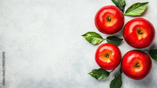 Obraz Fresh Red Apples with Leaves on Light Background
