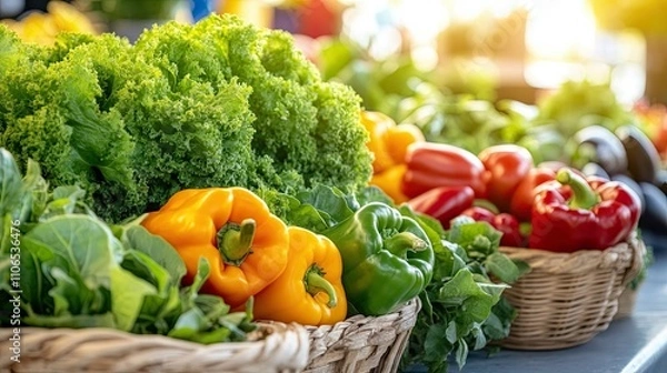 Obraz Bell Peppers and Greens in Wicker Baskets