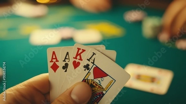 Fototapeta A hand reveals four aces in a poker game.