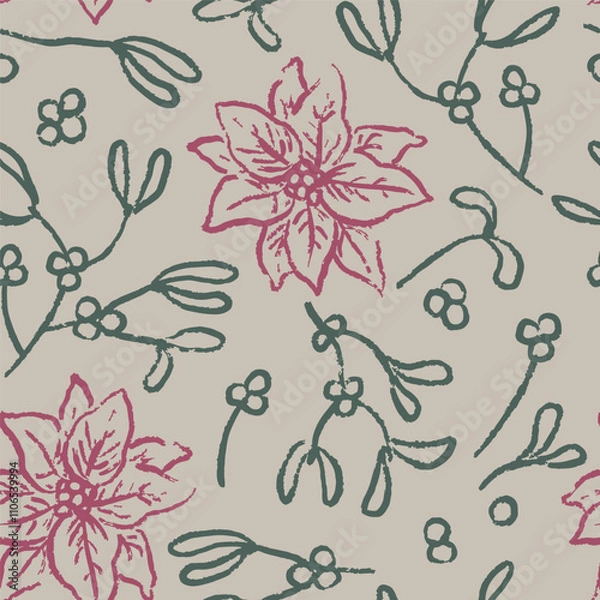 Fototapeta Grunge pink poinsettia flower and green mistletoe on beige background, Christmas and New Year seamless vector pattern