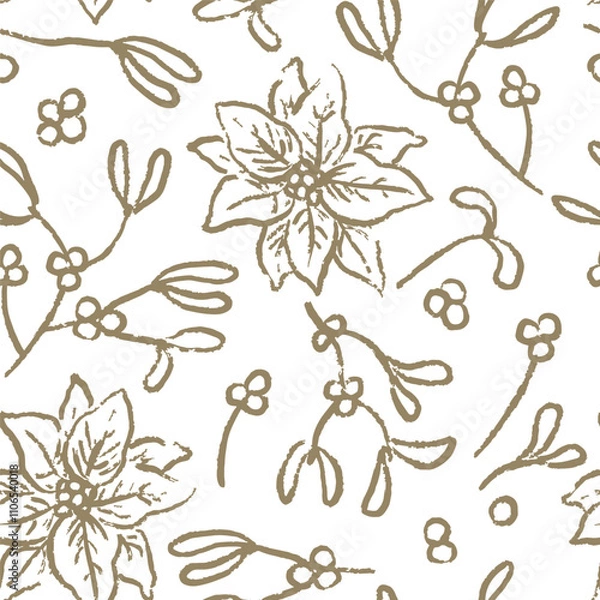 Fototapeta Gold grunge poinsettia flower and mistletoe on white, Christmas and New Year seamless vector pattern