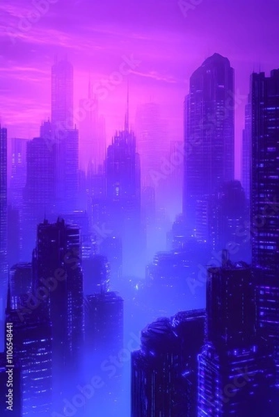 Fototapeta Futuristic cityscape with tall skyscrapers enveloped in neon purple haze and glowing lights at dusk, creating a cyberpunk ambiance